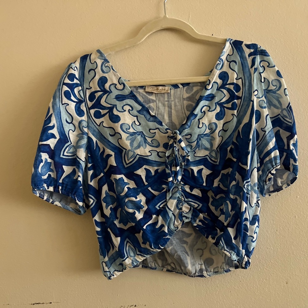 Blue Patterned Short Sleeve Women's Top